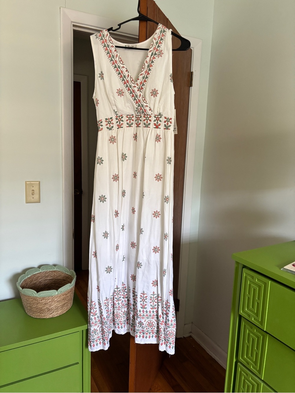 Sleeveless White Maxi Dress with Pink & Green Embroidery by